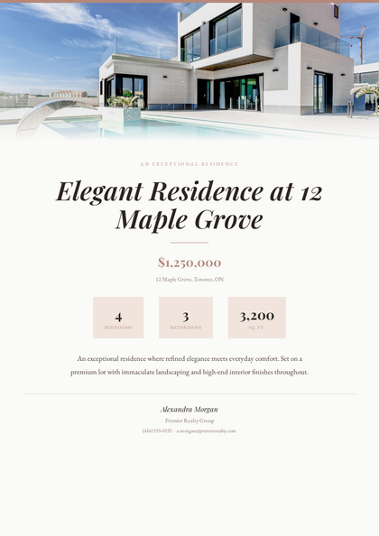 Blush Luxury real estate brochure template, a single-page brochure layout made with ListifyPDF