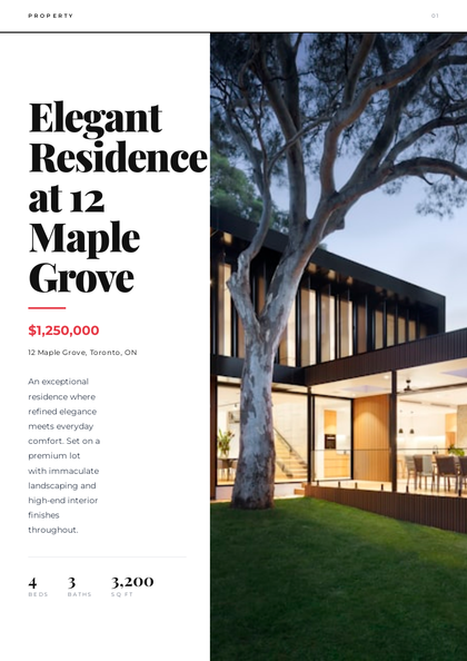 Bold Minimalist real estate brochure template, a single-page brochure layout made with ListifyPDF