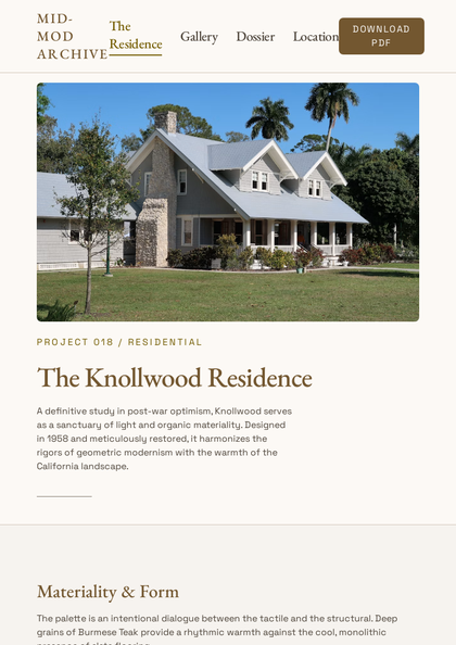 Mid-Century Modern real estate brochure template, a single-page brochure layout made with ListifyPDF