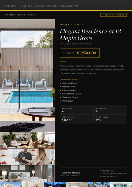 Midnight Noir Brochure real estate brochure template, a single-page brochure layout made with ListifyPDF