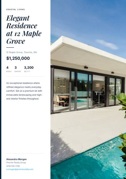 Modern Coastal real estate brochure template, a single-page brochure layout made with ListifyPDF