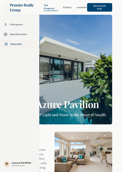 Modern Mediterranean real estate brochure template, a single-page brochure layout made with ListifyPDF