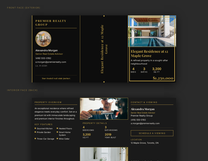Obsidian Fold real estate brochure template, a trifold brochure layout made with ListifyPDF