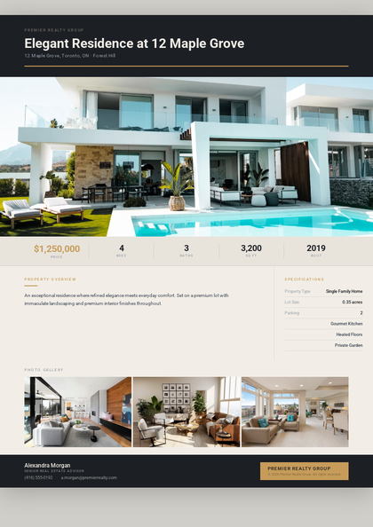 Quartier Premium real estate brochure template, a single-page brochure layout made with ListifyPDF