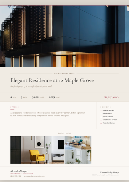 Rive Gauche real estate brochure template, a single-page brochure layout made with ListifyPDF