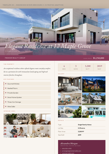 Rosewood Estate Brochure real estate brochure template, a single-page brochure layout made with ListifyPDF